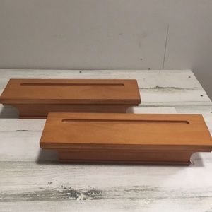 Set of two tan wooden shelves with plate cut out holder on top